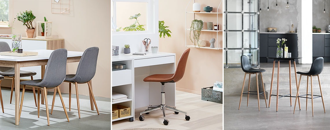 Различни видове мебели за трапезария и един офис стол.