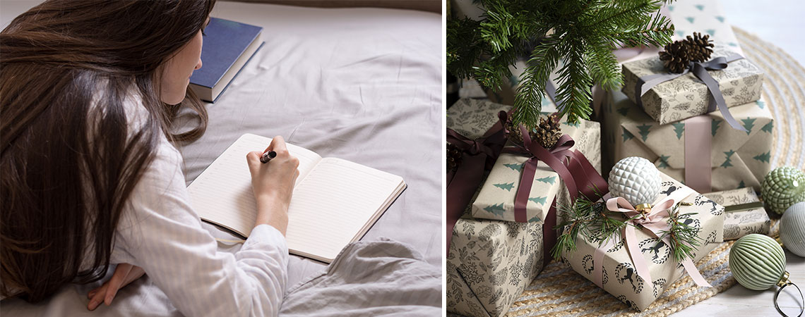 Жени в леглото пишат списък за пазаруване и коледни подаръци под елхата