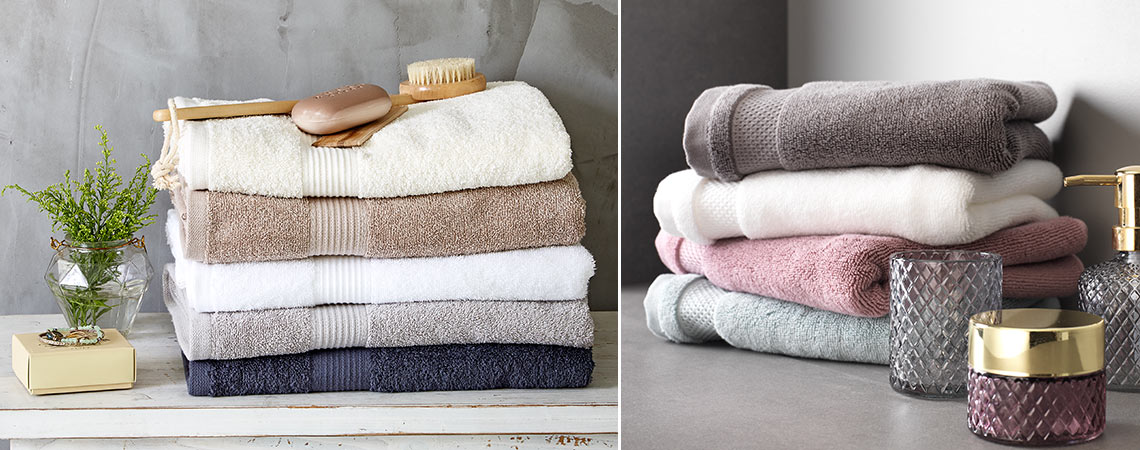Меки хавлиени кърпи, от 100% памук в неутрални цветове.