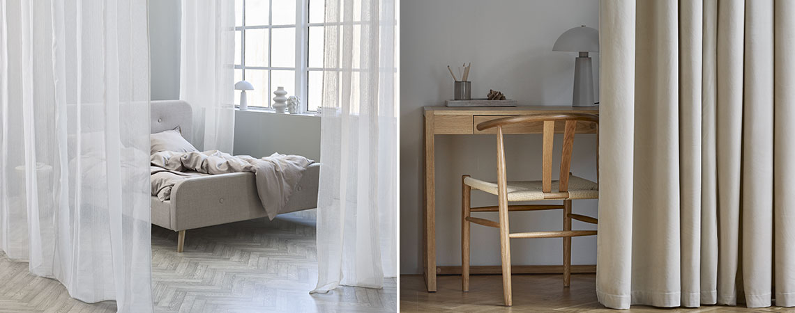 Два примера как да използвате завеси за разделяне на стаи: за спалня и за домашен офис.