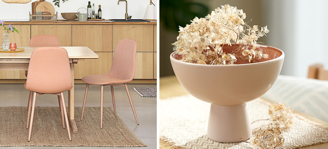 Елементи от домашния декор като ваза и кухненски столове в нюанси на Peach Fuzz.
