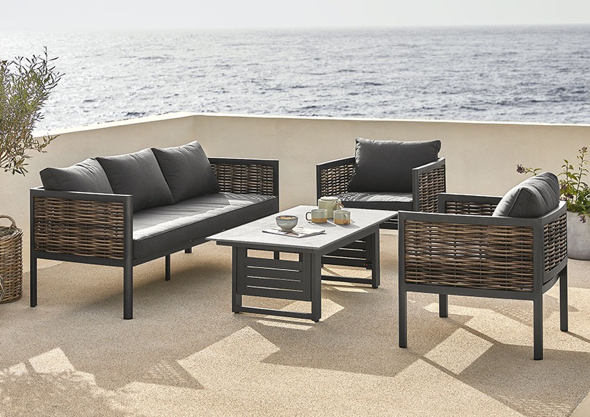Черен комплект градински мебели от бързосъхнещ материал с един диван, 2 стола и регулируема маса