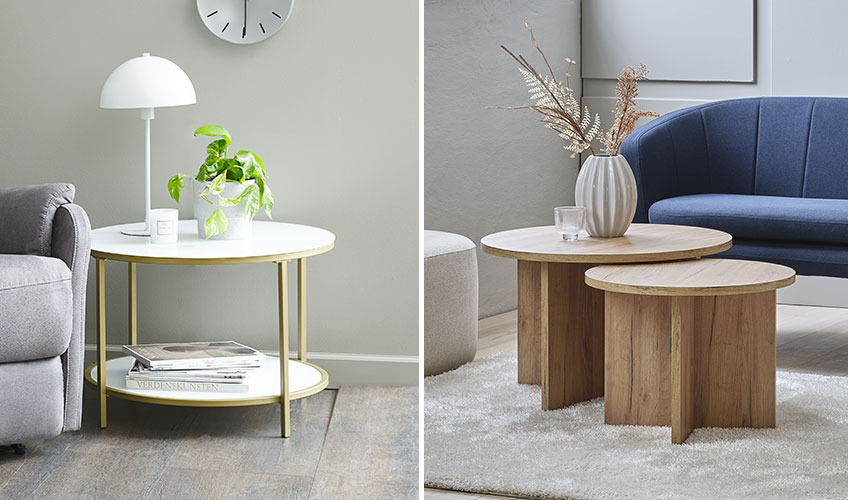 Round end table in gold and glass and round wood coffee tables