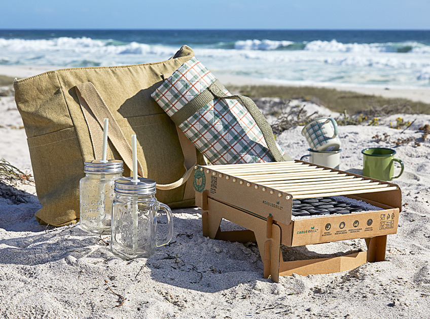 Барбекю за еднократна употреба, хладилна чанта за пикник, одеяло за пикник, и чаши за пиене.